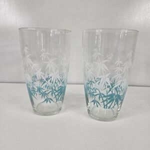 VTG Libbey Bamboo Tall Drinking Glasses Turquoise & White Glass Tumblers Tall